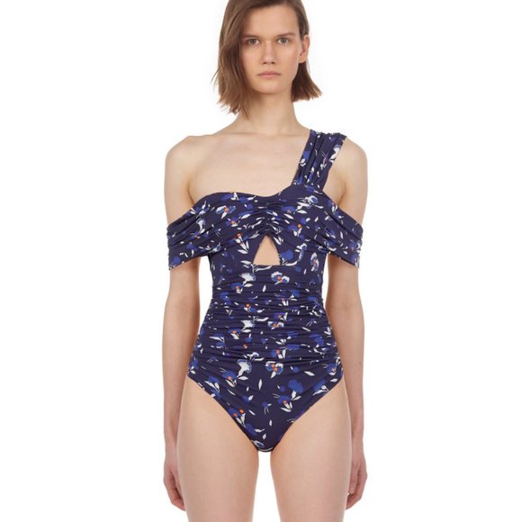 Self-Portrait Other - SELF PORTRAIT Navy Botanical Draped Swimsuit